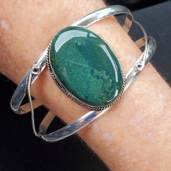 New Indian Moss Agate 925 Silver Cuff Bracelet. - Picture 2 of 10